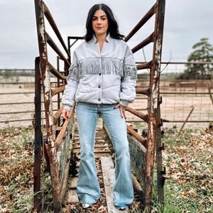 2 Two FLY NWT Western Silver fringe puffer jacket Concho Buttons Sz S/M